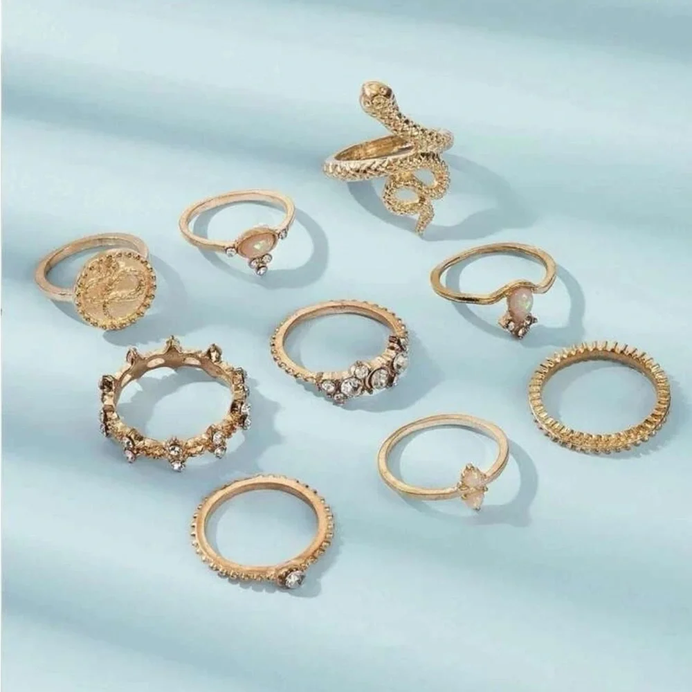 GOLD 4/$25 9pc Snake Rhinestone Ring Set - Picture 2 of 2